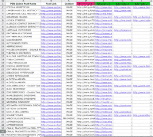 Spreadsheet with text and links representing the 2013 Image Links Corrections and Alternatives Guide for Pediatrics Board Review