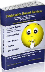 Cover of the Pediatrics Board Review study guide with a smiling emoji, representing study resources for improving exam scores.
