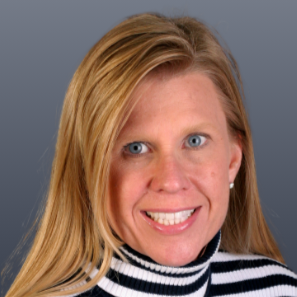 Maintenance Of Certification Smiling woman with long blonde hair wearing a black and white striped turtleneck sweater against a neutral background. Professional portrait for a corporate setting.