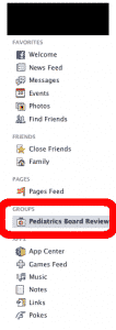 Screenshot highlighting the 'Pediatrics Board Review' group in the Facebook groups section.