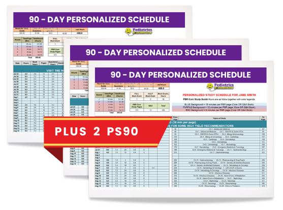 Personalized study schedule in spreadsheet format for pediatric board review.