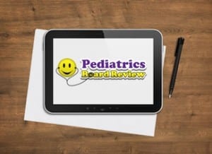 Tablet displaying the Pediatrics Board Review logo, representing digital resources for board exam preparation.