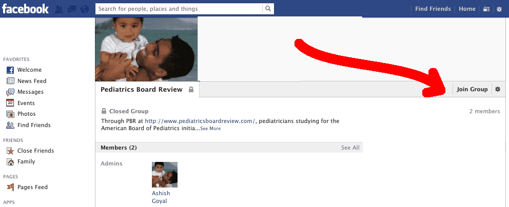 Facebook group page for Pediatrics Board Review, with an arrow pointing to the 'Join Group' button.