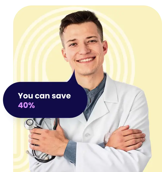 Pediatric Residency Program Discounts Smiling doctor in white coat and stethoscope with crossed arms. Speech bubble says save 40 percent. Ideal for healthcare savings or medical consultation promotion.