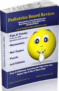 Cover of the Pediatrics Board Review study guide with a smiling emoji, representing study resources for improving exam scores.