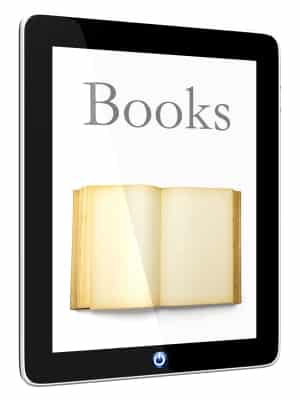 Image of a tablet displaying an open book, representing the availability of books as digital learning resources.