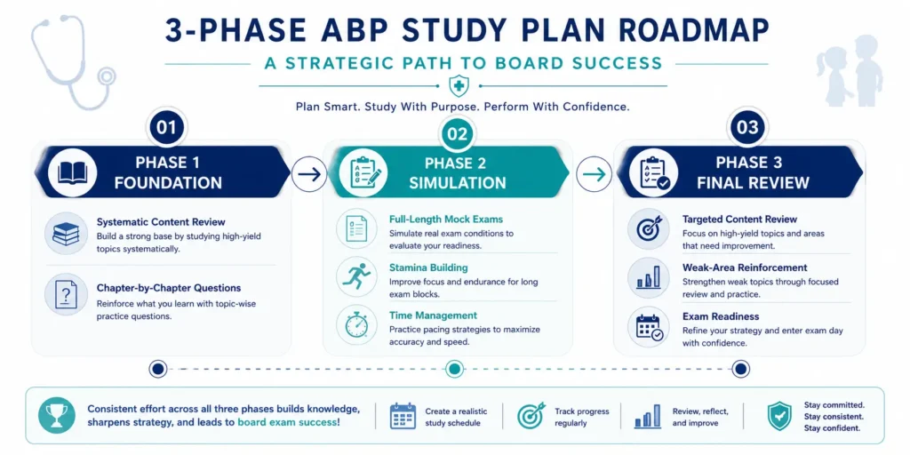 Pediatric Board Review Questions: A Structured Study Approach for ABP 3-phase study plan for American Board of Pediatrics exam success.