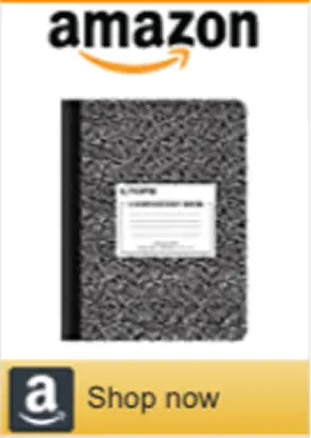 Tools to help you pass Composition notebook shown in an Amazon shop-now graphic as a suggested tool for pediatric board exam preparation