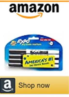 Tools to help you pass EXPO fine-tip dry erase markers shown in an Amazon shop-now graphic as a recommended tool for pediatric board exam preparation