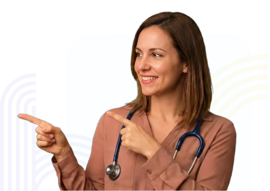 Home Female pediatrician who is wearing a stethoscope, smiling, and pointing to ther right. text that offers a first step to preparing for the pediatric board exam.