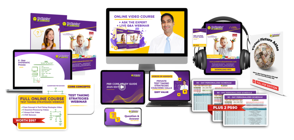 QUESTION: Hey loose skin guy, what's up with you? Pediatrics Board Review books, study guide, audio course, and video course shown in a bundle of board review products.