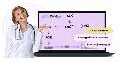 Test-Taking Courses (all) General Image of a physician next to a laptop promoting PBR’s Core Concepts Test-Taking Strategies webinar with algorithms and practical examples
