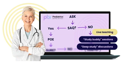 Test-Taking Courses (all) General Image of a physician next to a laptop highlighting Pediatrics Board Review’s Live Test-Taking Strategies and Deep Study course features