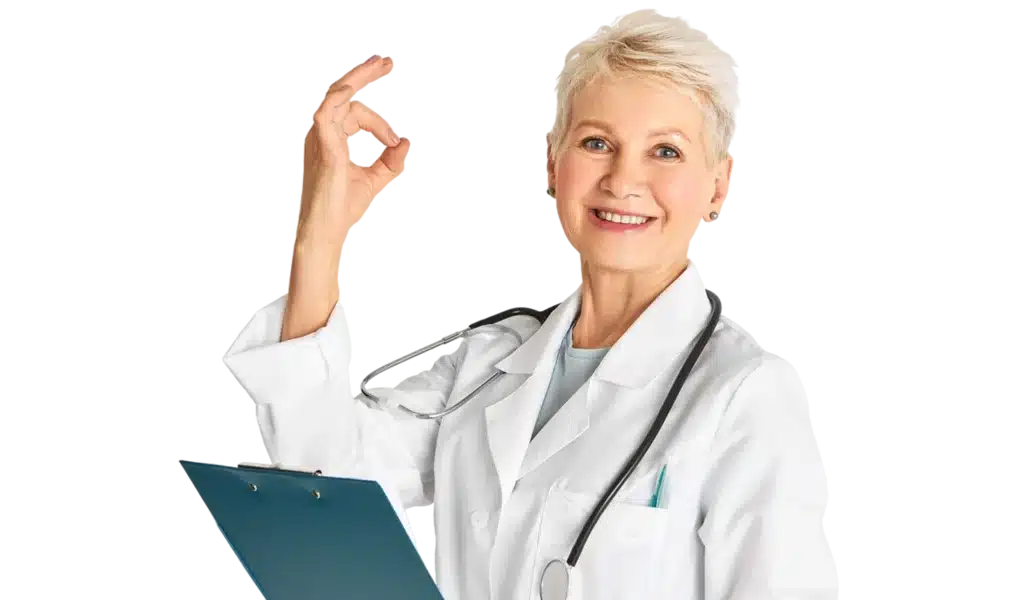 Testimonials Smiling pediatrician making an OK gesture while holding a clipboard, symbolizing confidence and success after using PBR’s board prep system.