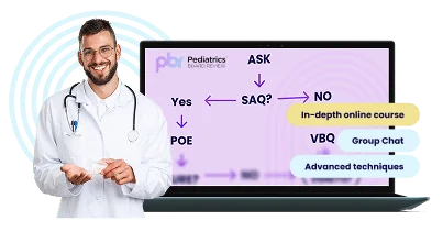 Test-Taking Courses (all) General Promotional image for PBR’s Full Test-Taking Strategies Course showing a physician and a laptop with study algorithm graphics