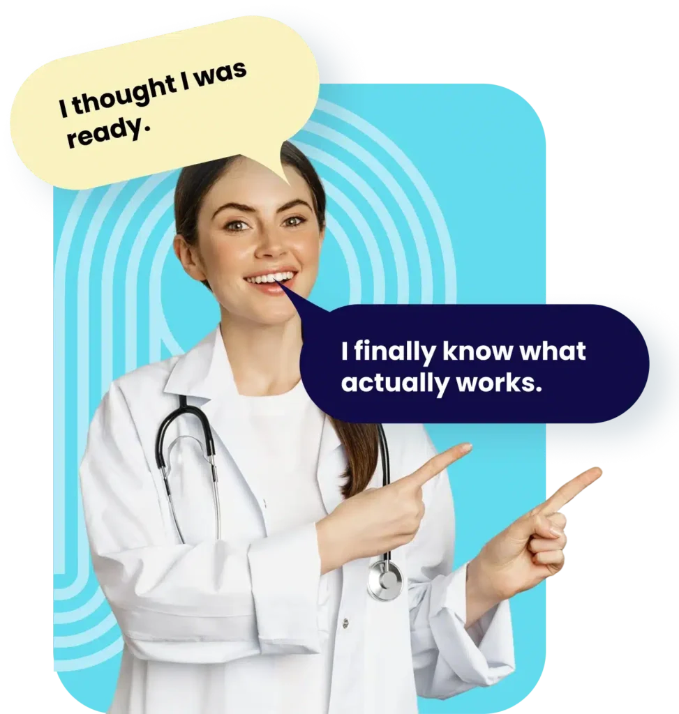 Test-Taking Courses (all) General Image of a physician pointing with testimonial speech bubbles expressing improved confidence using PBR’s test-taking strategies
