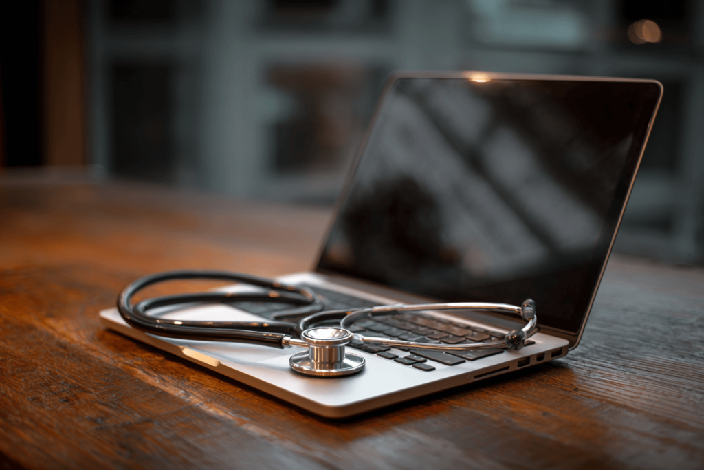 A Board of Pediatrics Overview Stethoscope on laptop symbolizing pediatrician preparing for the American Board of Pediatrics exam