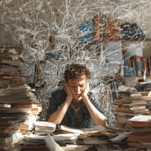 Should I Be Reading Pediatrics In Review? Overwhelmed student surrounded by books and chaotic notes, reflecting the article’s message about feeling lost and overloaded when relying on too many study resources like Pediatrics In Review.