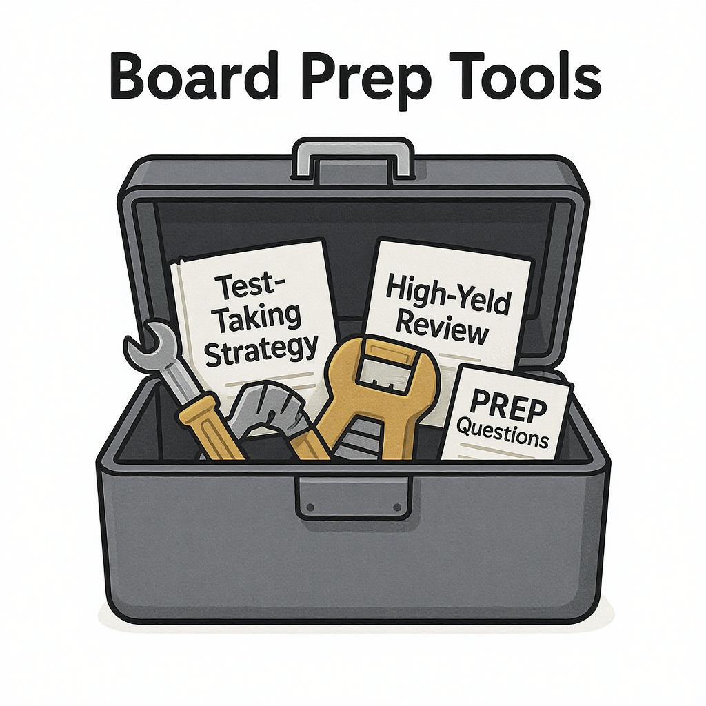 Why AAP Prep Questions are NOT the Best Study Questions Graphic showing a toolbox of essential pediatric board prep tools, emphasizing test-taking strategy and high-yield review over relying solely on AAP PREP questions