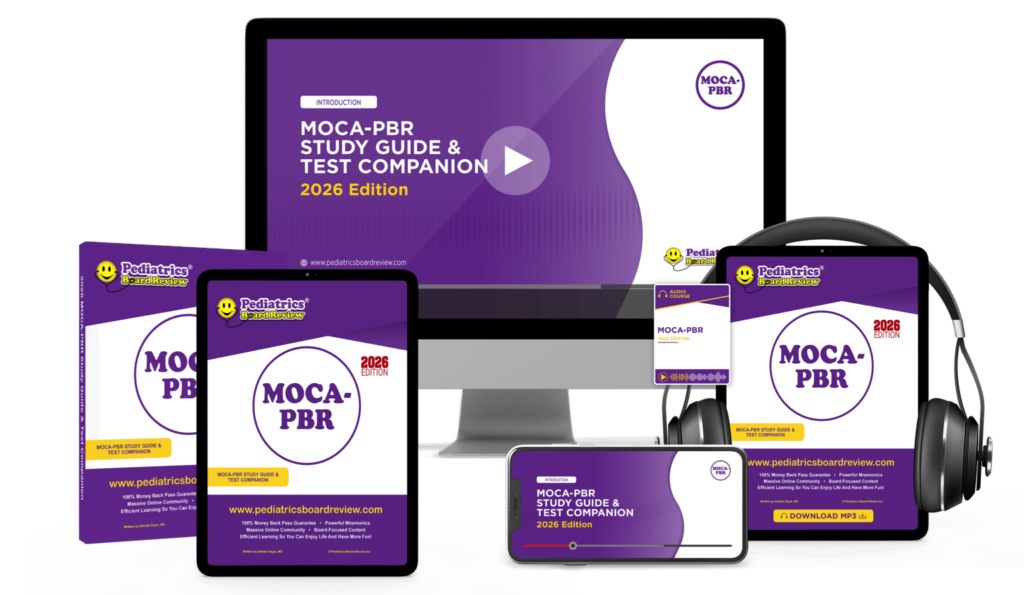 Maintenance Of Certification MOCA-PBR Study Guide & Test Companion displayed across print, tablet, desktop, audio, and mobile formats used to prepare for MOCA-Peds and pediatric MOC recertification.