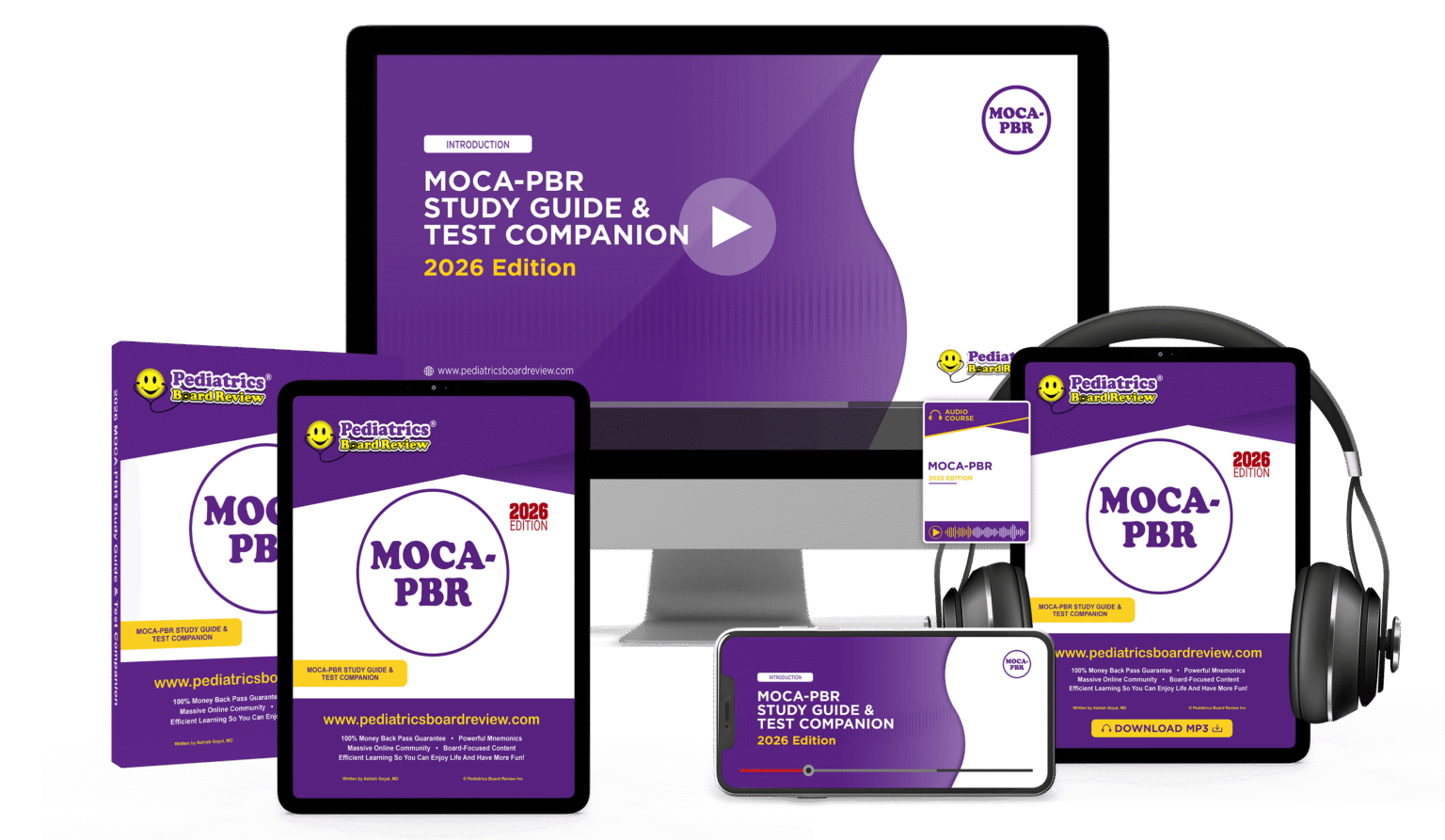 MOCA-PBR study guide and test companion shown across print, tablet, desktop, and mobile formats for pediatric board exam prep.