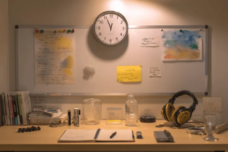 Workspace with a clock on the wall showing 2 o'clock above a whiteboard with notes. Desk features notebooks, jars, pens, calculator, and headphones, creating an organized area.