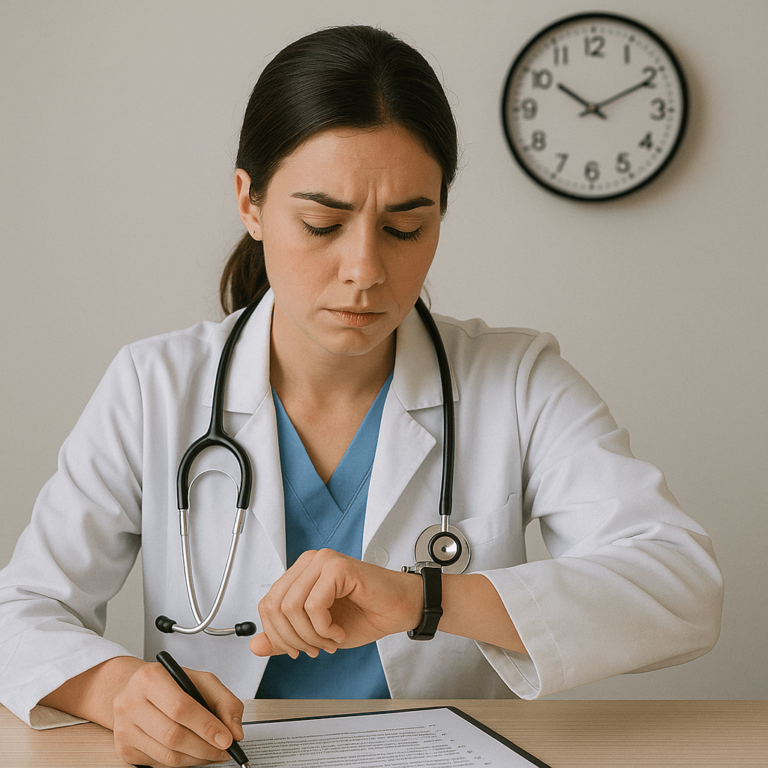Pediatrician checking the time during board exam practice as she reviews test questions