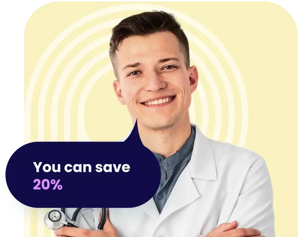 Groups Smiling pediatric clinician with a speech bubble highlighting the 20% savings available through PBR’s small-group enrollment discount.