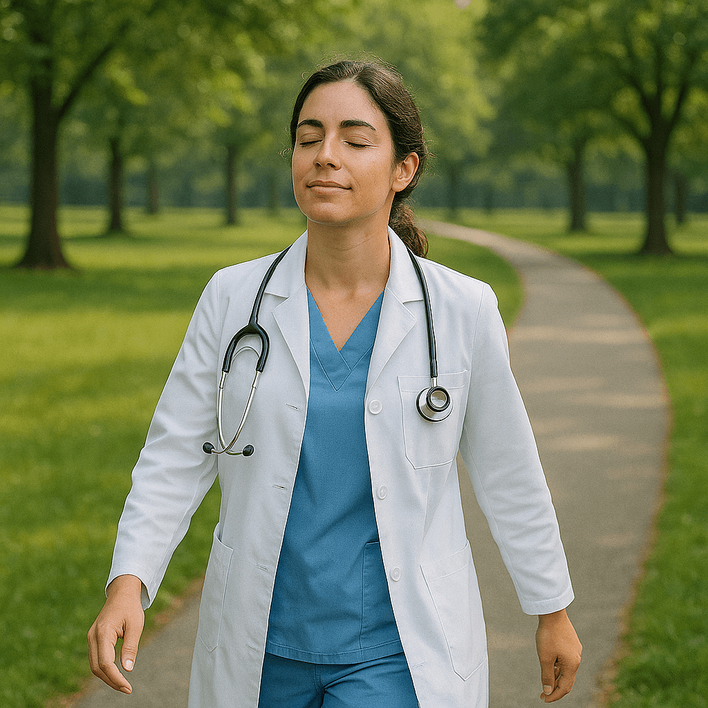 Pediatric Board Exam Time Per Question, Number of Blocks & More Pediatrician taking a peaceful outdoor break, reflecting the importance of rest and reset between ABP exam blocks to manage fatigue and stay focused.