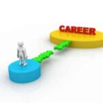 Barriers CAN be overcome! Take the leap! Person standing on a blue platform labeled 'START' with green steps leading to a yellow platform labeled 'CAREER'.