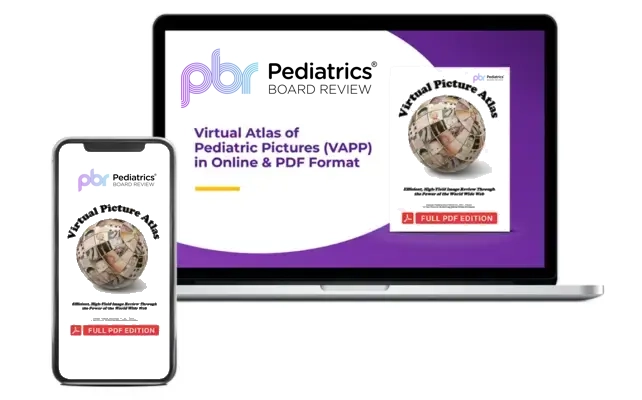 Pediatric Board Review Course 2026 PDF and online editions of a pediatric picture atlas shown on mobile phone, desktop, and a PDF edition shown with image tiles of common and uncommon pediatric disorders.