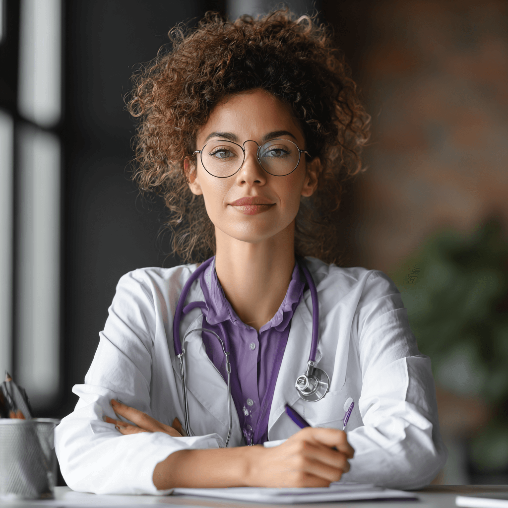 Confident pediatrician staying focused and calm during the board exam