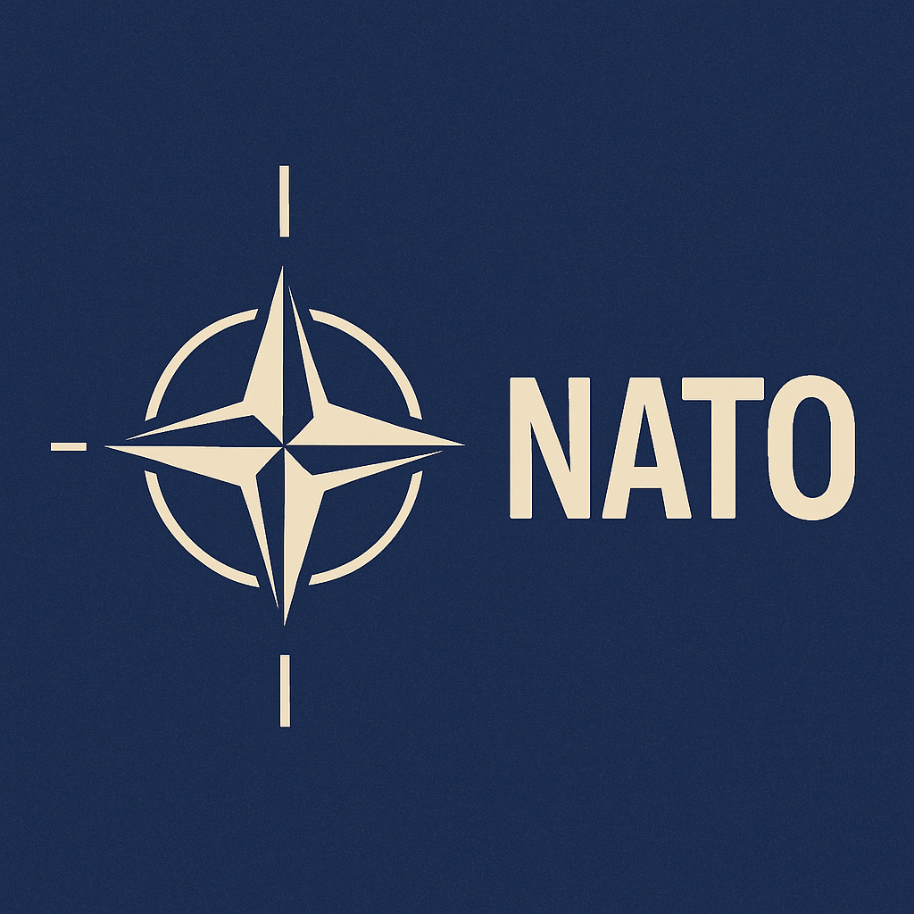 NATO acronym with official emblem representing the North Atlantic Treaty Organization on a dark blue background