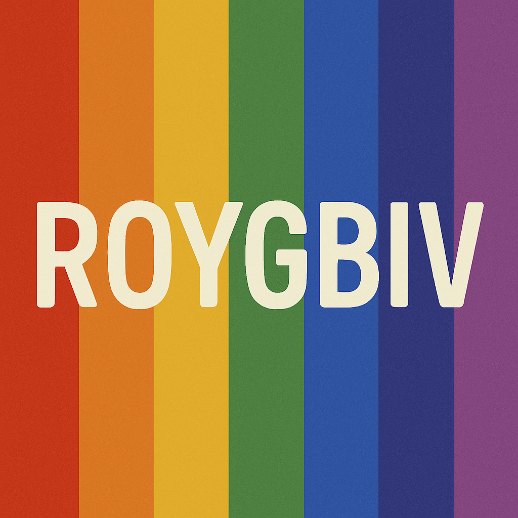 Mnemonic ROYGBIV representing the colors of the rainbow: red, orange, yellow, green, blue, indigo, violet