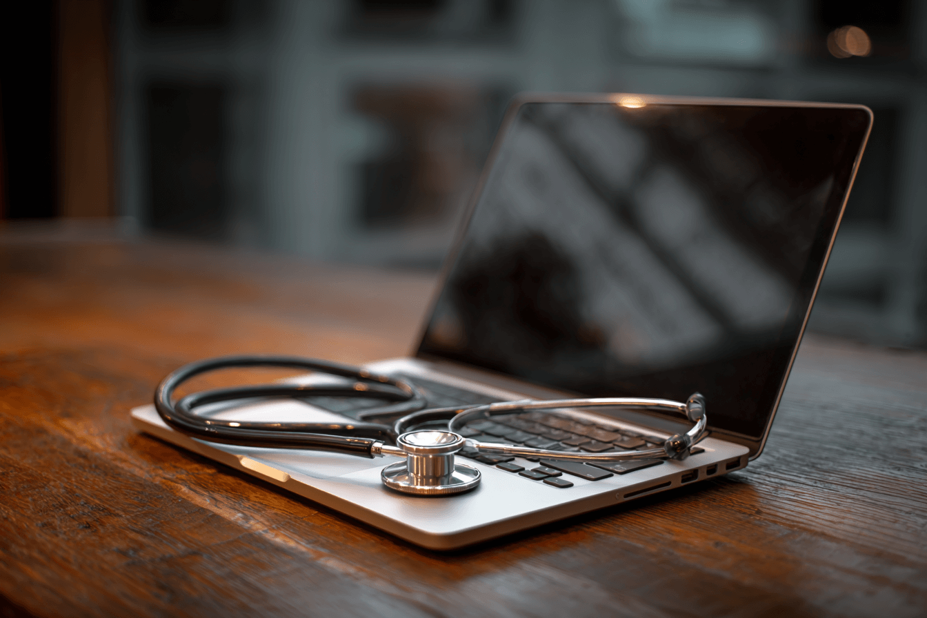 Close-up of a laptop and stethoscope on a wooden desk, representing preparation and focus for the pediatric recertification exam
