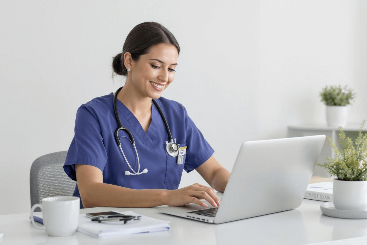 Confident pediatric resident studying board prep questions on a laptop with a smile, representing efficient use of BoardVitals resources through PBR’s partnership.