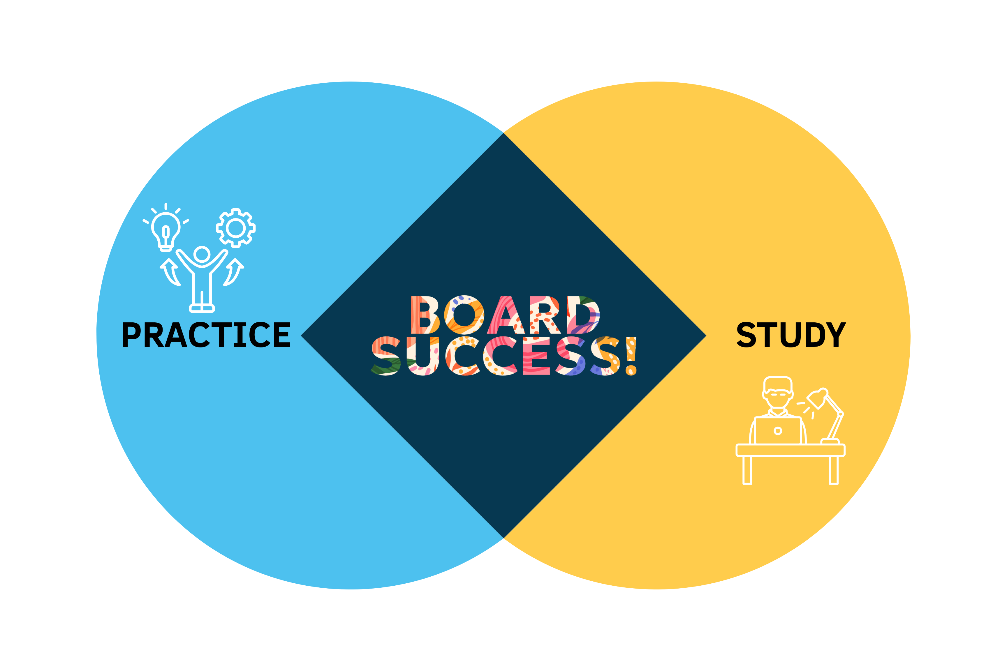 Practice versus study Venn diagram showing overlap labeled “Board Success”