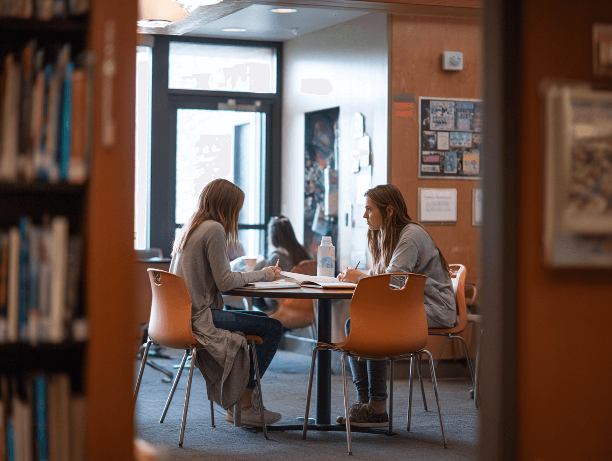 Two pediatric residents studying together at a quiet café-style table.