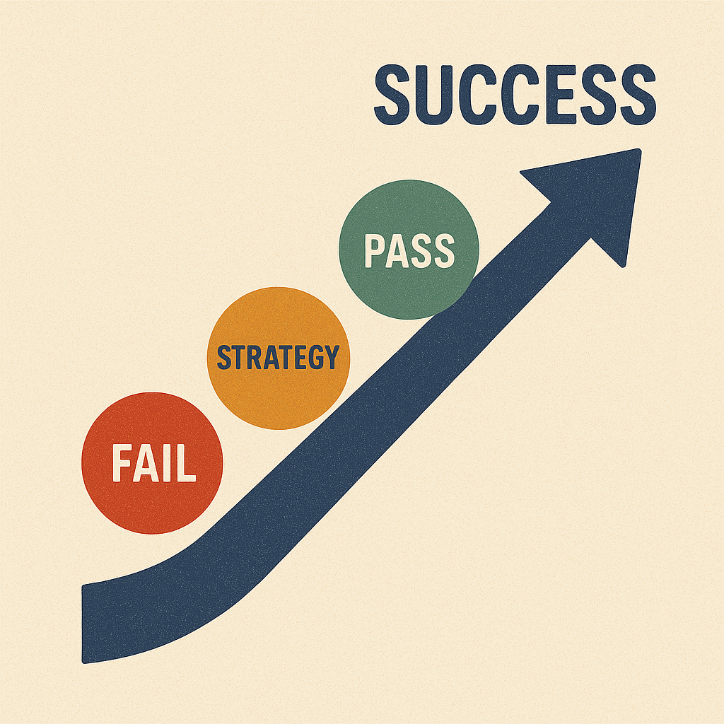 Illustration of pediatrician’s path from board exam failure to passing through strategy training