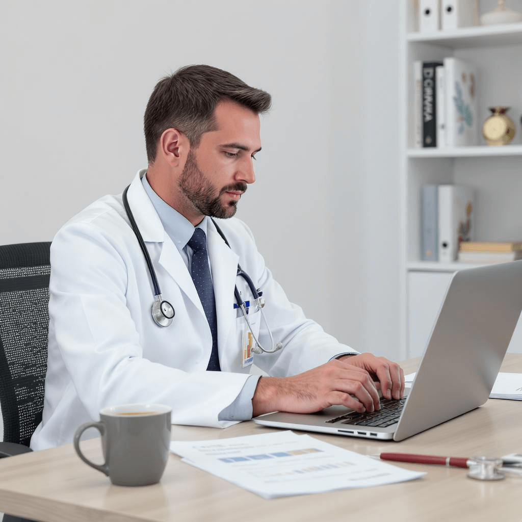 Physician in a white coat working at a desk with a laptop and financial charts, reviewing CME budget options