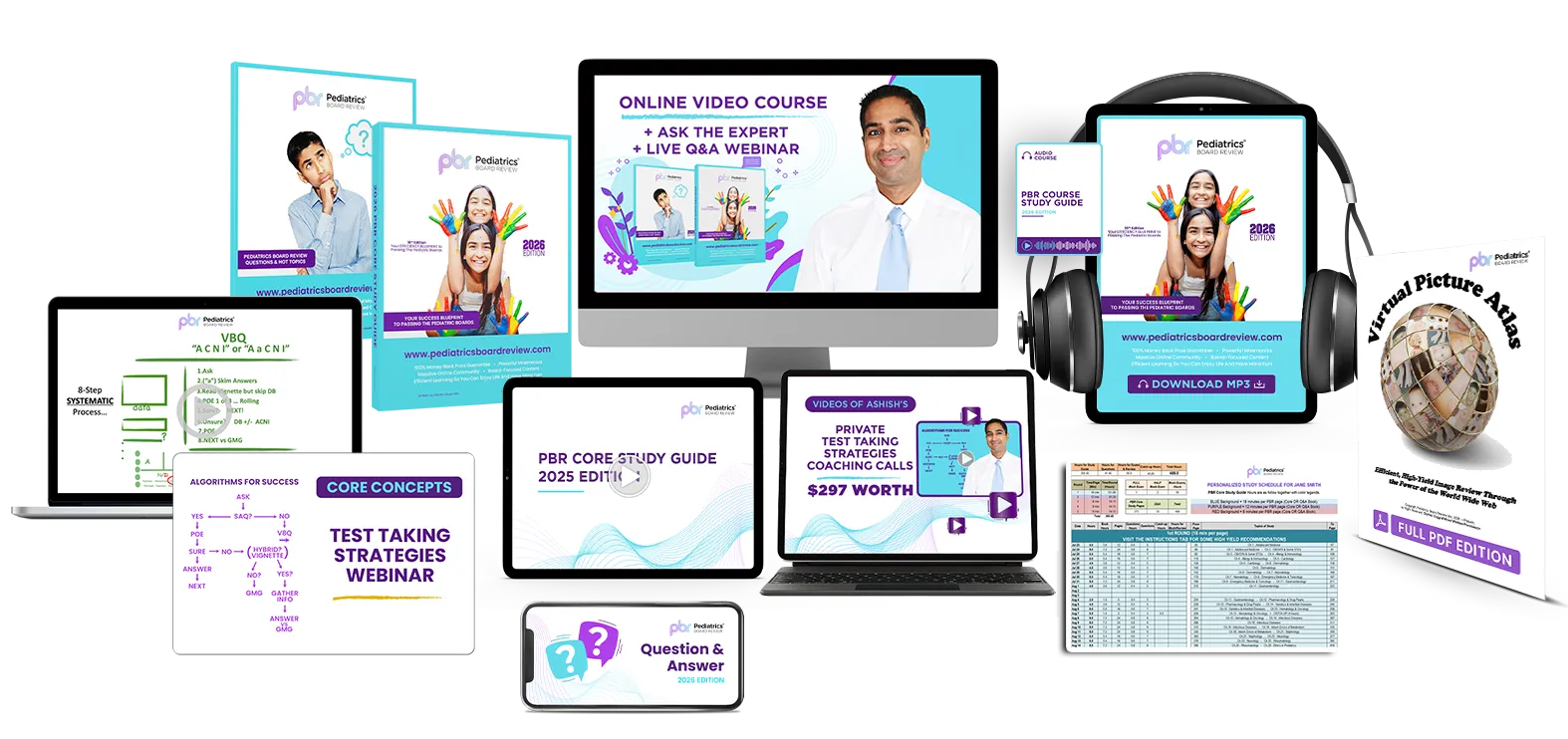 Online Picture Atlas Visual summary of the PBR All Access Pass for pediatric board exam prep, including study guides, strategy webinars, coaching calls, audio, and Q&A tools