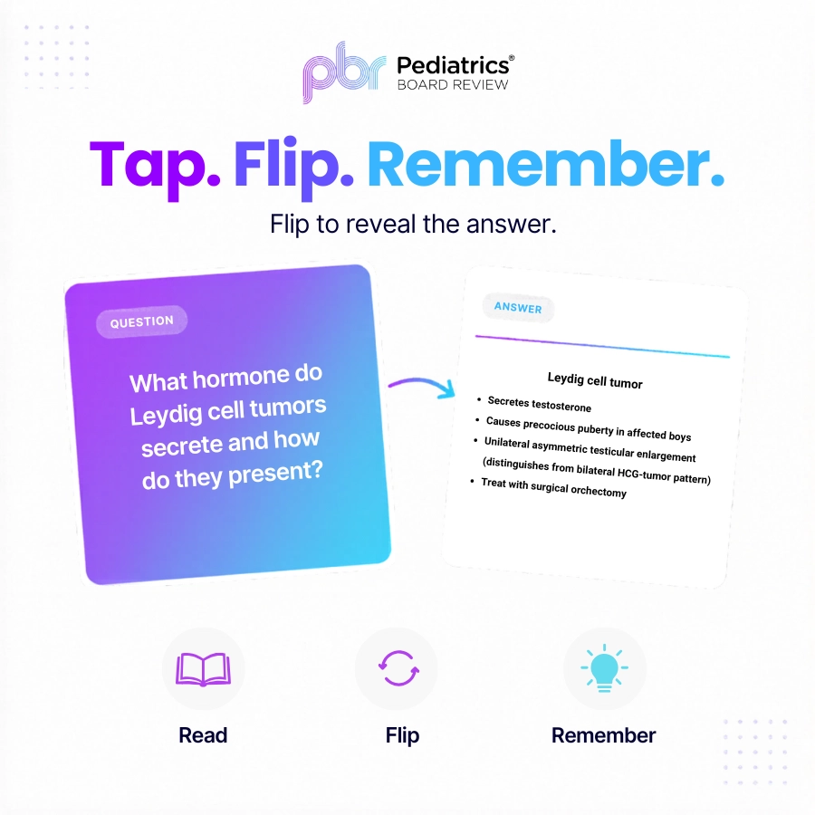 PBR Flashcards showing question front and answer back with Read, Flip, Remember workflow