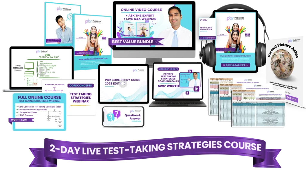 High Risk Collection of PBR’s VIP Bundle contents including study guides, webinars, personalized schedules, coaching calls, and live test-taking strategy course for high-risk pediatricians